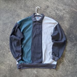 Vintage Essentials Thermal Sweater Mens M Gray Green Waffle Knit Polo Shirt